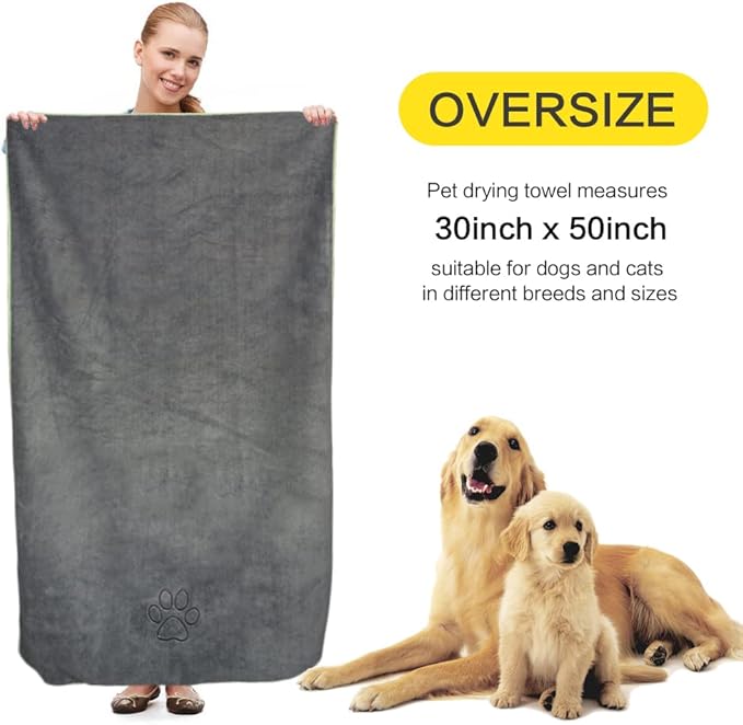 KinHwa Dog Towel Super Absorbent Microfiber Dog Drying Towel Soft Pet Bath Towel for All Dogs and Cats with Embroidered Paw Print 30inch x 50inch Gray