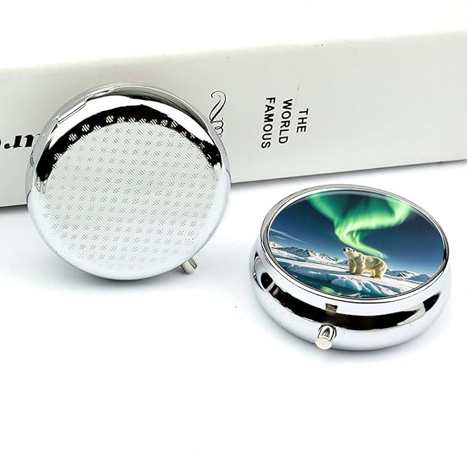 3 Compartment Medicine Pill Case, Northern Lights Polar Bear Round Pill Box, Portable Decorative Medicine Organizer for Pocket Or Purse Vitamin Organize