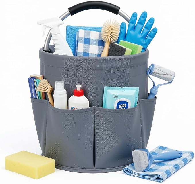 Cleaning Caddy with Handle, 17L Foldable Storage Basket, Heavy Duty 600D Oxford Cloth Organizer, Portable Supply Bag, Multi-Purpose Supplies Caddy for Home, Bathroom, Kitchen, Garden - ( Dark Gray )