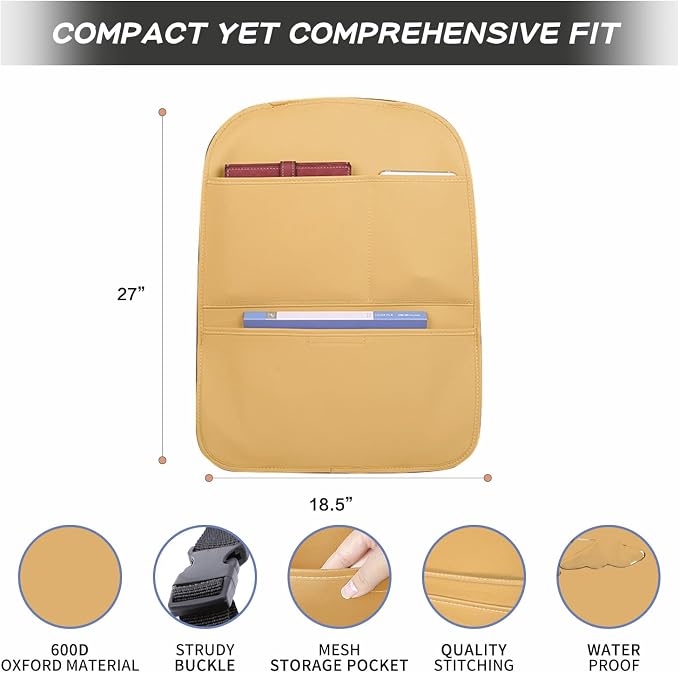 Kick Mat Back Seat Protector， Waterproof Leather Car Seat Back Organizers Cover with 3 Storage Pockets for Kids Pets SUV Sedan Minivan Truck Car Travel Accessories (Cayenne Yellow 2-pack)