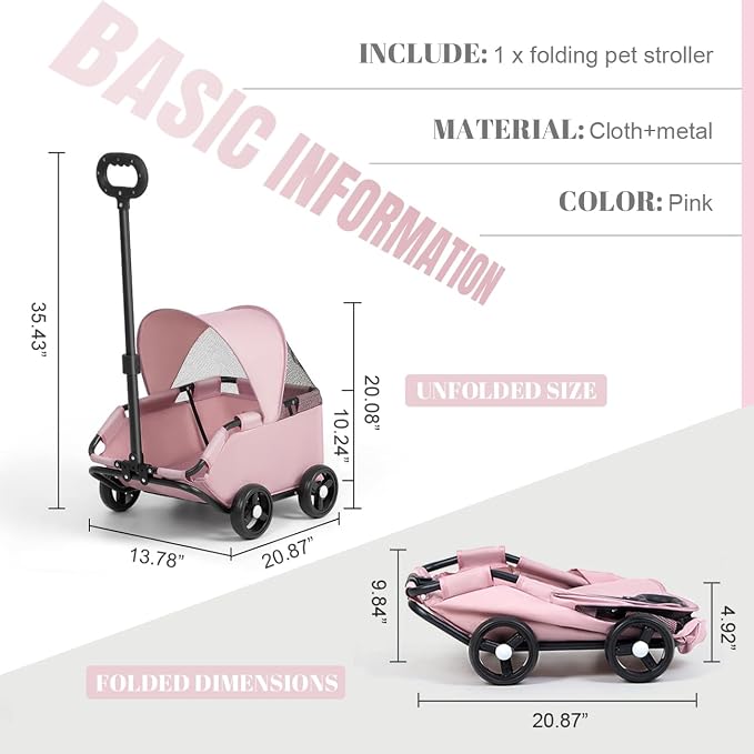 La La Pet 4-Wheel Dog Stroller with Sunshade Cover Collapsible Mesh Canopy Portable Pet Carrier for Outdoor Travel Shopping Walking Suitable for Small Dogs and Cats Pink