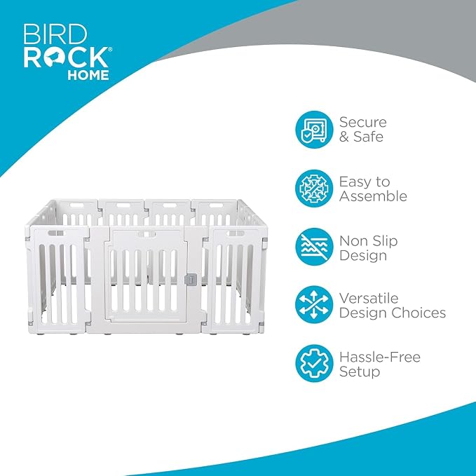 BIRDROCK HOME Pet Playpen with Door | 12 Panel | Fits: Toy or Small Dogs up to 40lbs. | Strong Plastic | Puppy Safety Fence Pen Playpen | Non-Slip & Secure Dog Gate | White