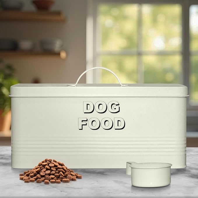 Plexon Metal Dog Food Storage Container with Scoop - Small Dog Food Container 10lbs Holder Treat Jar Bin with Lid - Pet Chow Storage Canister Tin, 2 Gallon, Off-White