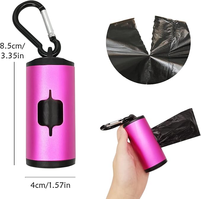 YUCHIYA Aluminum Dog Poop Bags Holder with Carabiner Metal Pet Waste Bags Dispenser with Hook and Loop Fastener and Elastic Cord to Carry Used Bags (Pink, 1 Holder 15 Bags)