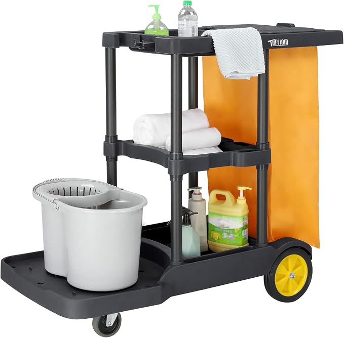 TUFFIOM Extra Large Commercial Traditional Cleaning Janitorial 3-Shelf Cart, 500 Lbs Capacity Housekeeping Cart, 42.5" L x 18.7" W x 37.6" H, Wheeled with 22 Gallon Yellow VinylBag Cover w Lid, Black