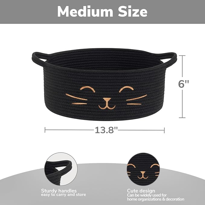 Medium Woven Rope Cat Toy Basket with Cat Face, Black | 13.8" x 6" Cat Toy Storage Bin for Living Room & Nursery, Boho Gift Basket Empty with Sturdy Handles, Cozy Cats Bed