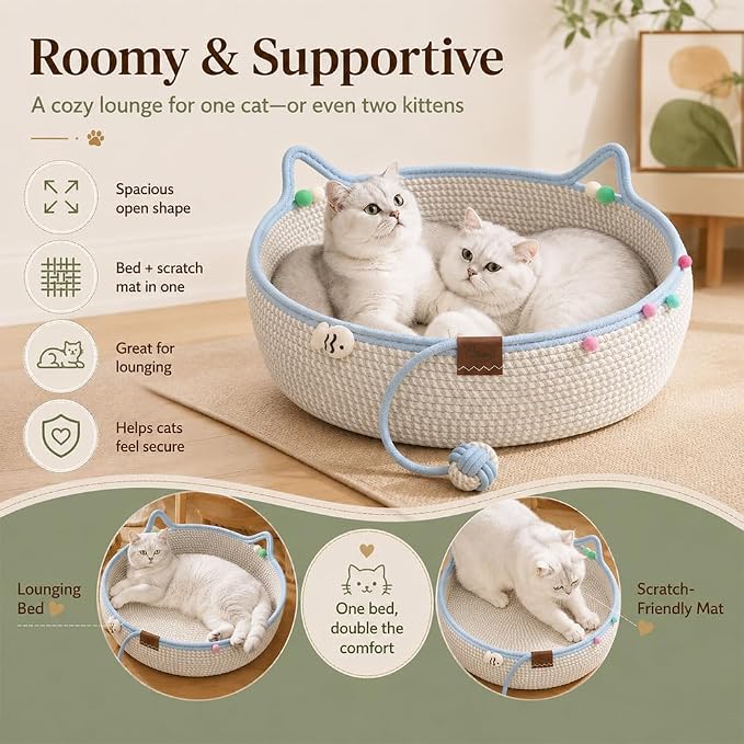 Cat Basket Bed with Cushion and Hanging Ball Toy, Handwoven Cotton Rope Cat Bed Basket, Boho Nesting Pet Bed for Kittens Puppies Scratchable Woven Cat Nest Lounger Sleeping & Playing，F：Small