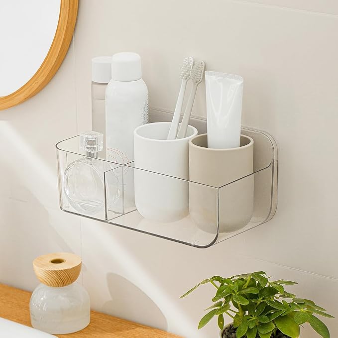 Poeland Wall Mount Storage Organizer, Clear Storage Box Holder Basket with 3 Compartments No Drilling Hang Walls/Doors for Kitchen, Cabinet, Bathroom, Bedroom, Office