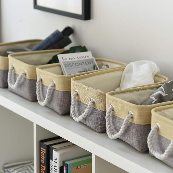 Storage Baskets for Organizing - 11.8x7.8x5.2 inch Small 6 Pack Storage Bins for Shelve, Farbic Storage cubes Organizer for Baby Toys Nursery (Gold & Grey)