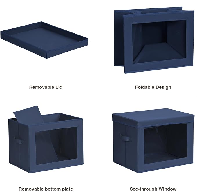 Stackable Storage Bins with Lids - Large Storage Box with Lids, Foldable Closet Boxes for Organizing, Wardrobe Clothes Organizer with Window, Cubes Bins for Living Room, 3 Pack, Navy Blue