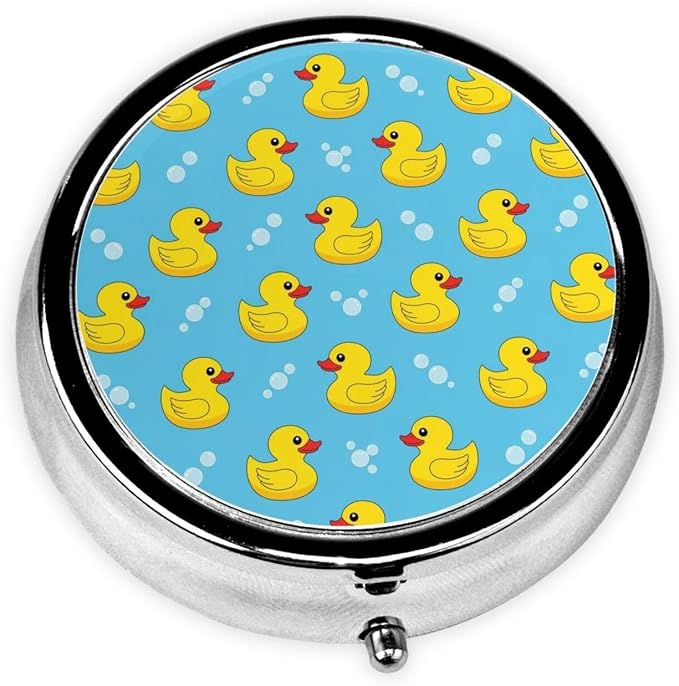 Compact Pill Case, Metal Round Holder for Supplements, Purse Pocket Organizer Travel Essential, Yellow Rubber Ducks Soap Bubbles Blue