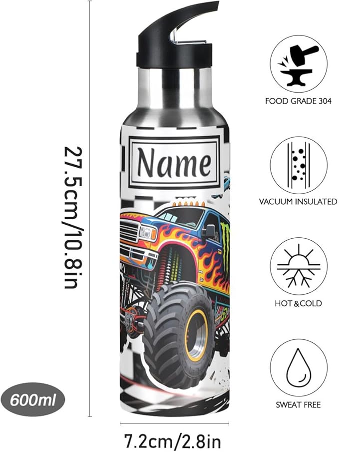 Custom Name Truck Car Checkered Water Bottle with Straw Lid Kids Insulated Stainless Steel Water Flask Sports, 20 Oz Hot Cold