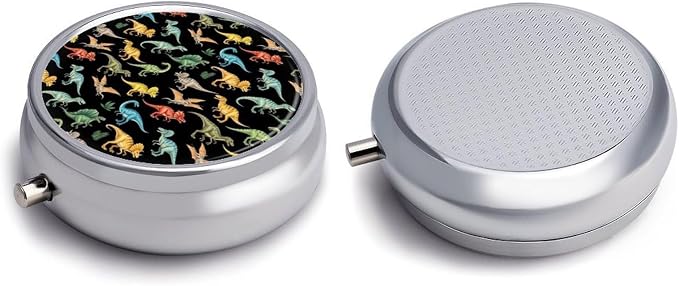 Round 3 Compartment Pill Box with Mirror Cute Dinosaur Design, Portable Metal Pill Case for Purse Pocket Vitamin Storage