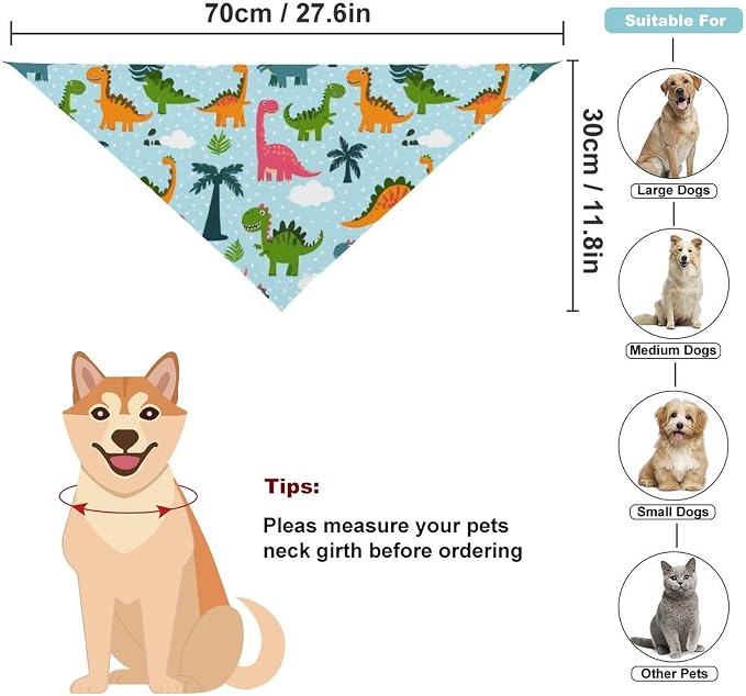 Pet Scarf for Small and Large Dogs Party Supplies, Casual Daily Use, Washable Cute Funny Cartoon Dinosaurs Sky Blue Lightweight Pet Fashion Accessories