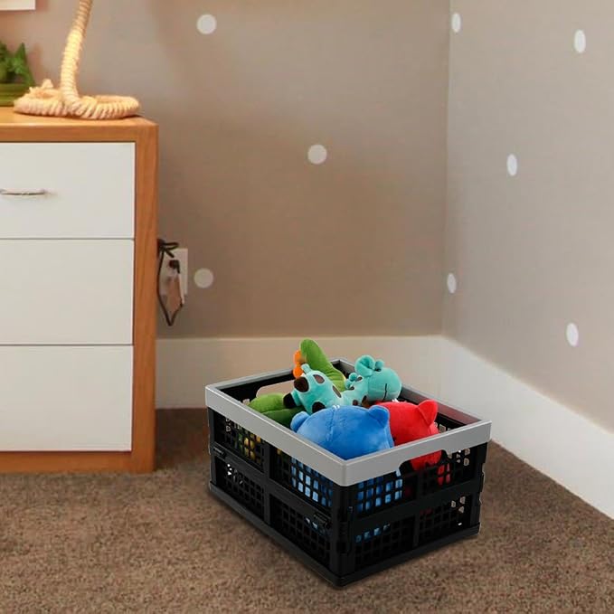 Jekiyo 16-Liter Plastic Folding Storage Crates, Collapsible Basket Set of 1 | Stackable, Black & Grey