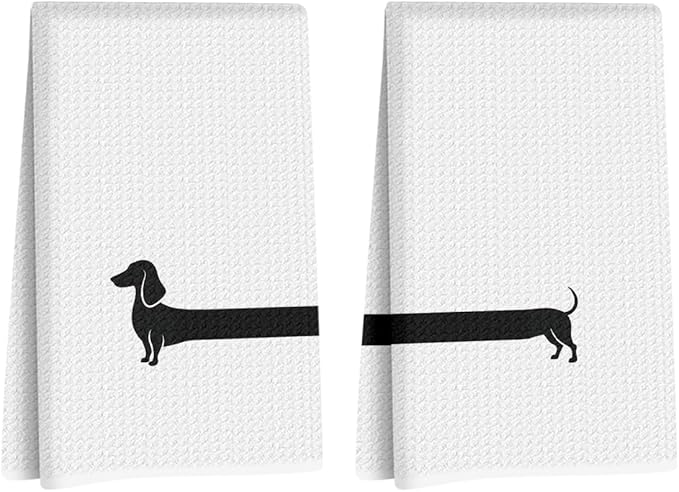 2 Pcs Dachshund Kitchen Towels 24x14 Inch, Dachshund Gifts Reusable Dish Towels for Kitchen Bathroom Decor, Waffle Weave Absorbent Hand Cloth Tea Towel, Funny Weiner Dog Gifts for Women Friend