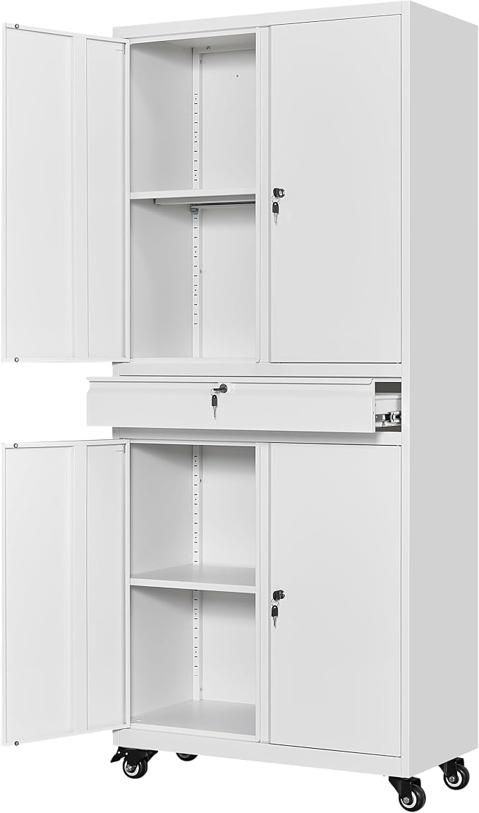 Metal Garage Storage Cabinet with Locking Doors and Adjustable Shelves, 73" Rolling Tool Storage Cabinet with 4 Wheels and 1 Drawer for Garage,Warehouse