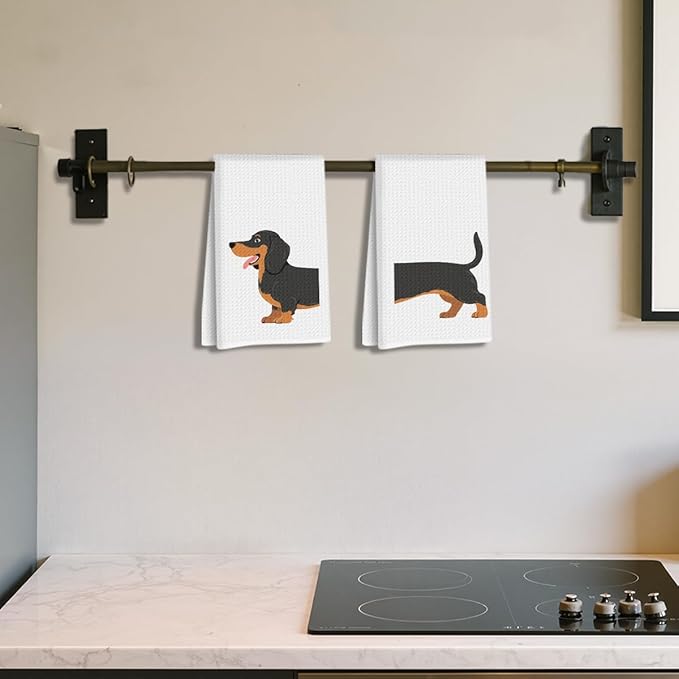 2 Pcs Dachshund Kitchen Towels 24x14 Inch, Dachshund Gifts Reusable Dish Towels for Kitchen Bathroom Decor, Waffle Weave Absorbent Hand Cloth Tea Towel, Funny Weiner Dog Gifts for Women Mom Friend