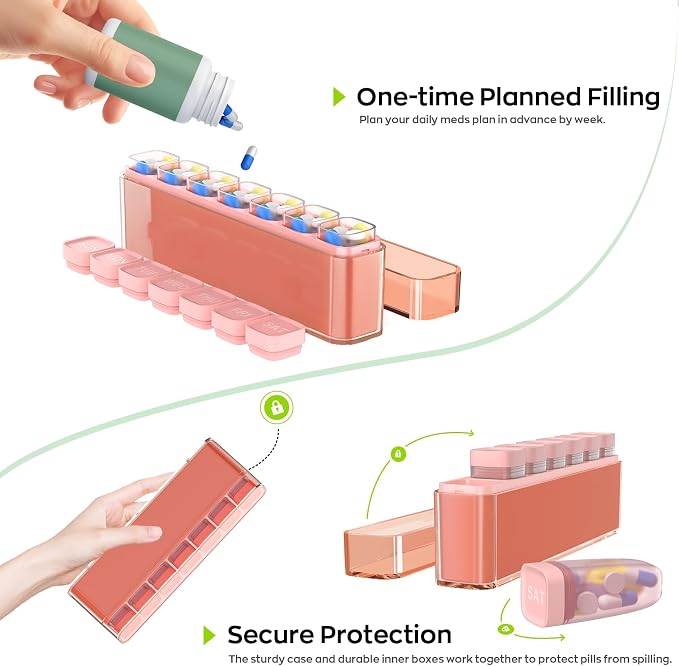 HIONXMGA Weekly Pill Organizer, Detachable 7-Color Pill Box, Easy to Use | Portable Travel Pill Case Container for Daily Medication Easy Track, Privacy Protection, Built-in Quick Fill Design, Orange