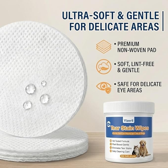 Dog Eye Wipes - 200 Count Pet Tear Stain Wipes for Dogs and Cats, Soft Round Pads for Daily Eye Cleaning Discharge Crust Debris