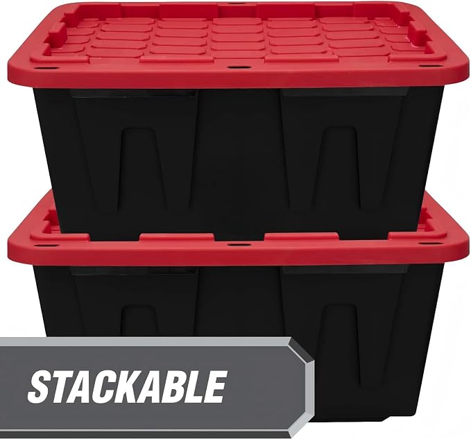 27 Gallon Heavy Duty Storage Bin with Snap Lid, Black and Red | Garage Organizer, Heavy Duty, Snap Lid, Container