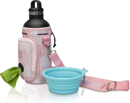 Made Easy Kit Water Bottle Carrier with Pocket for Dog Poop Waste Bags and Adjustable Padded Shoulder Strap (Large (32oz) with Bowl, Pink, Marble)