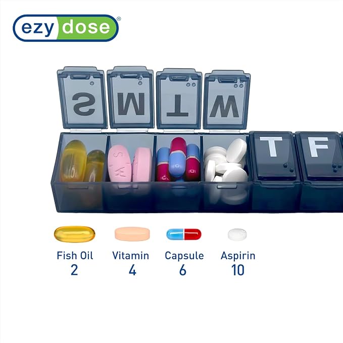 Ezy Dose Weekly (7-Day) Pill Organizer, Medium Planner, Black, BPA-Free | Compact Daily Vitamin & Supplement Medicine Case, Pop Up Compartments, Convenient and Easy to Use, Travel-Friendly, BPA-Free