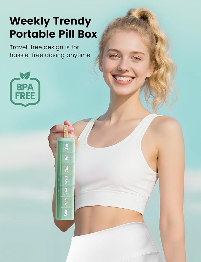 Weekly Pill Organizer, 7 Day Once Daily with Desiccant Chamber | BPA-Free, Easy Open Lids, Spill-Resistant, Compact Travel Case with Portable Handle, Green