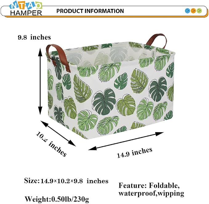 NTAOHAMPER Rectangular Green Storage Basket, Waterproof Safari Nursery Box with Handles for Bedroom, Jungle Theme Gifts Basket, Momstera Decor(Leaf)
