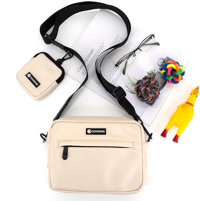 Dog Treat Pouch with Removable Small Pet Training Treat Pouches, Built-in Poop Bag Dispenser, Adjustable Shoulder Strap Cross Body Dog Walking Bag (Beige)