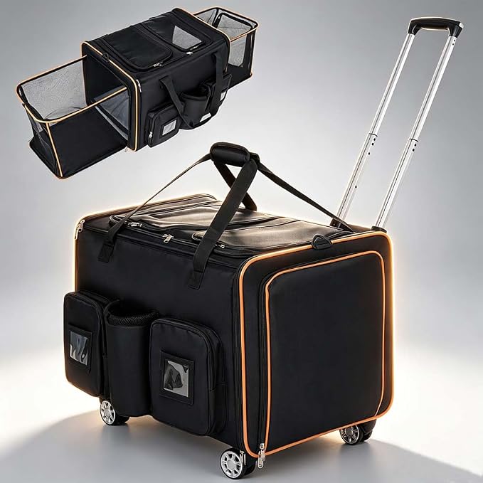 Large Cat Carrier on Wheels for 2 Cats, Double Rolling Pet Carrier with Wheels & Mesh Windows,Foldable Travel Crate for Dogs Cat for Airplane,Travel,Car,Camping