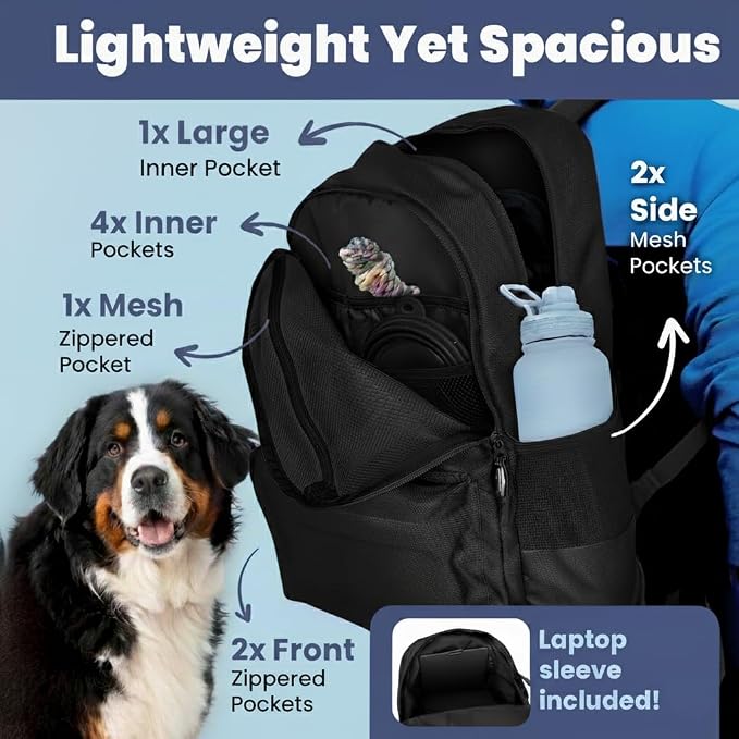 Dog Travel Backpack for Supplies - Dog Diaper Bag with Travel Bowls | 2 BPA-Free Bowls; Food Container & Treat Pouch; Placemat; Laptop Sleeve; Poop Bag Dispenser, Hiking, Camping & Road Trips,