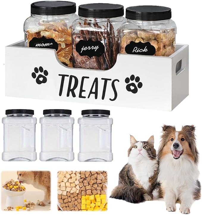 Dog Treat Container for Countertop, Pet Snack Storage Box Includes 3 Treat Jar & Wooden Pet Treat Container Pet Food Organizer For Puppy Airtight Dog Treat Storage With Lids