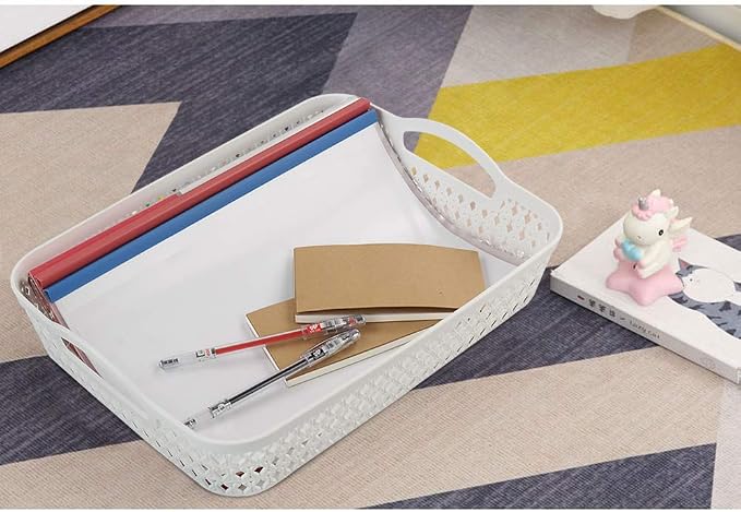 6 Packs Large Plastic Storage Tray with Handles, White | Plastic Storage Basket, Rectangle Storage Bins, Organizer Trays for Classroom, Desk, Office
