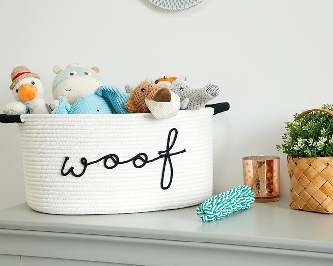 Triangle Woven Pet Toy Storage Bin with Carry Handle | Spacious organizer for dog toys, blankets and pet accessories, convenient storage bin to tidy up your pet supplies at home.