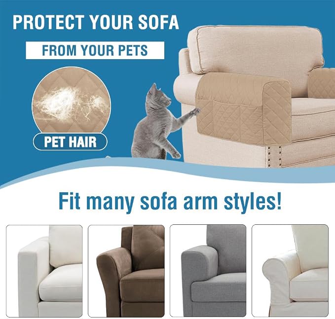 2 Pack Water Resistant Armrest Covers for Chairs and Sofas Couch Arm Covers for Sofa with 3 Pockets for Phone Sofa Arm Protector for Pets, Cats (Sand)
