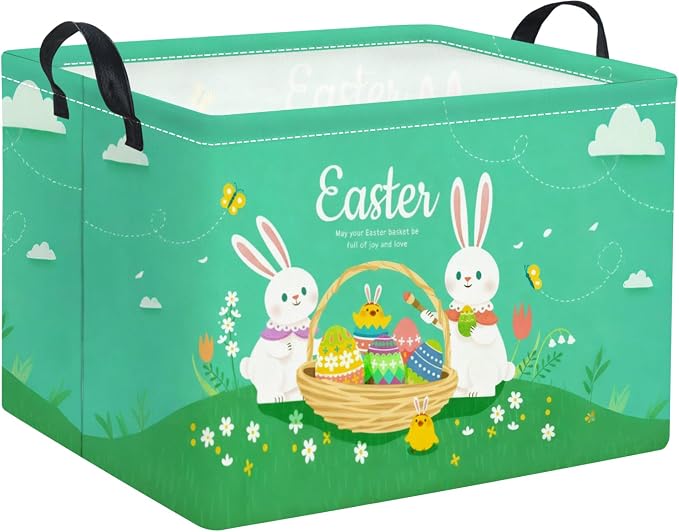 Rectangular Easter Basket for Home Kitchen Baby Girls Basket Cute Storage Bin Organizer Shelf Book Room Decor(Green Cute Bunny)