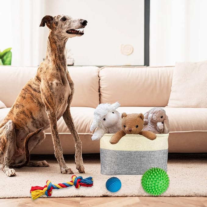 Custom Dog Cat Toy Storage Basket with Pet's Name Sturdy Foldable Collapsible Storage Bin Box with Handles for Organizing Pet Stuffs, Toys, Clothes,( Grey and White), 15" x 9.8" x 9"