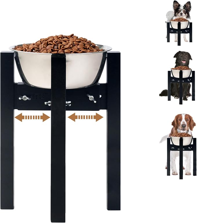Elevated Dog Bowl Stand Adjustable Dog Food Holder 14”H Large Black | 14” Elevated Dog Bowl Stand, Large Dogs, Adjustable, Fits 8”-11” Bowls, Single Bowl Holder, Natural Bamboo, Classic Black