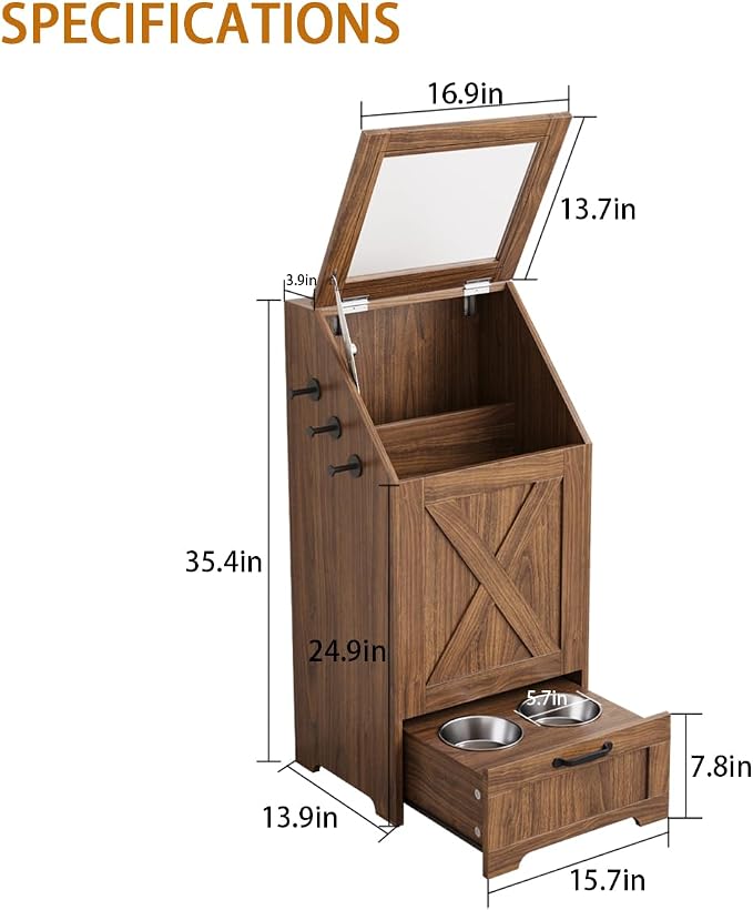 Pet Feeding Station with Storage Cabinet & 2 Elevated Bowls,Hooks,Walnut | Flip-top Sealed Food Bin.Pull-out Bowl Drawer with Wheels.3 Side Hooks+Internal Shelf for Cans.Anti-tip Device.For Dogs/Cats.