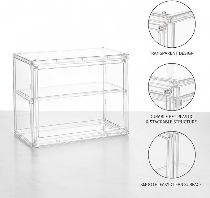 Clear PET Stackable Storage Box with Dividers, Transparent Display Organizer for Desktop Essentials