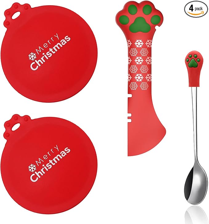 SJANE Cat Food Can Spoons & Lids | 4 Pcs Christmas Style Gifts | Multi-Function Tin Opener | Silicone Pet Food Can Covers | Stainless Steel Wet Foodstuff Spoon for Cats and Dogs(Christmas Red)