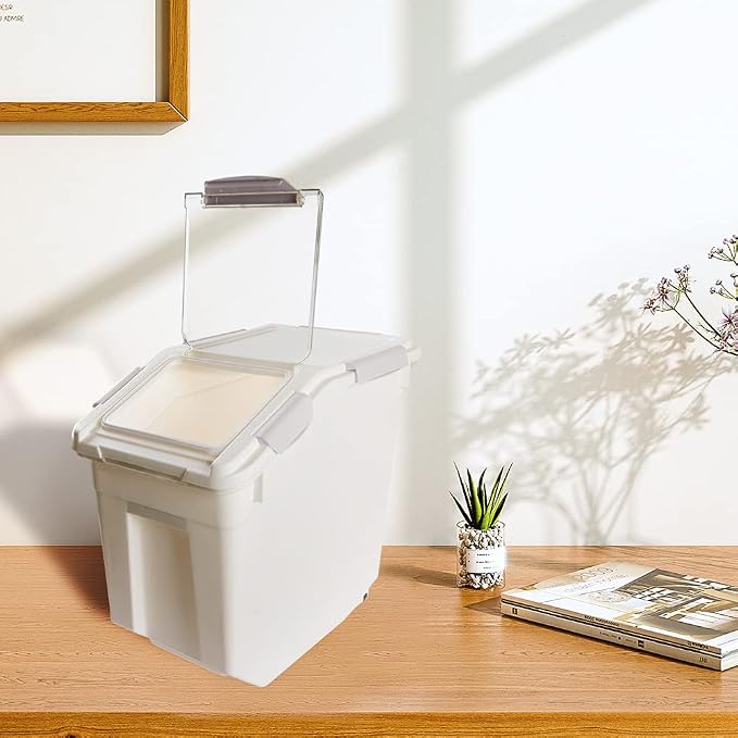 Airtight Flour Storage Container 25 lb Rice Storage Container with Wheels Seal Locking Lid, Food Containers with Measuring Cup& Scoop for Flour, Rice, Grain(Gray)