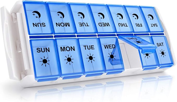 Fullicon Quick Fill, Large Pill Organizer 2 Times a Day, Blue | Each Compartment Holds 13 Fish Oils or 12 Vitamins, BPA Free Food Grade Plastic, Prevents Pills Mixing, Two Side Buckle Locks