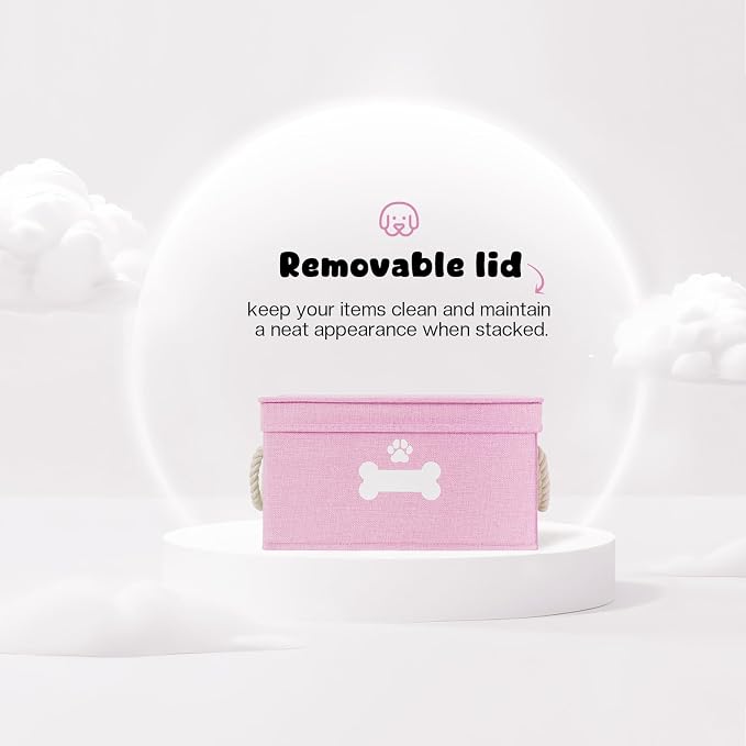 Dog Toy Basket with Lid, Dog Basket for Toys, Dogs Toy Box with Cotton Rope Handles, Collapsible Storage Bins for Pet Toys, Dogs Storage Organizer, Pink