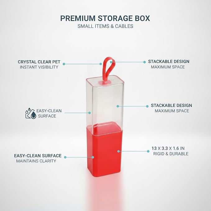 Stackable PET Storage Box, Rigid Clear Organizer for Cables & Small Items, Durable Transparent Container, 13 x 3.3 x 1.6 Inches