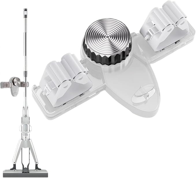 Wall Mount Broom Holder Mop Hanger Organizer - No Drilling PET & Silicone Grip for Bathroom, Kitchen, Laundry Room Storage Rack, Adjustable Angle, Heavy Duty Vacuum Suction (1pcs White)