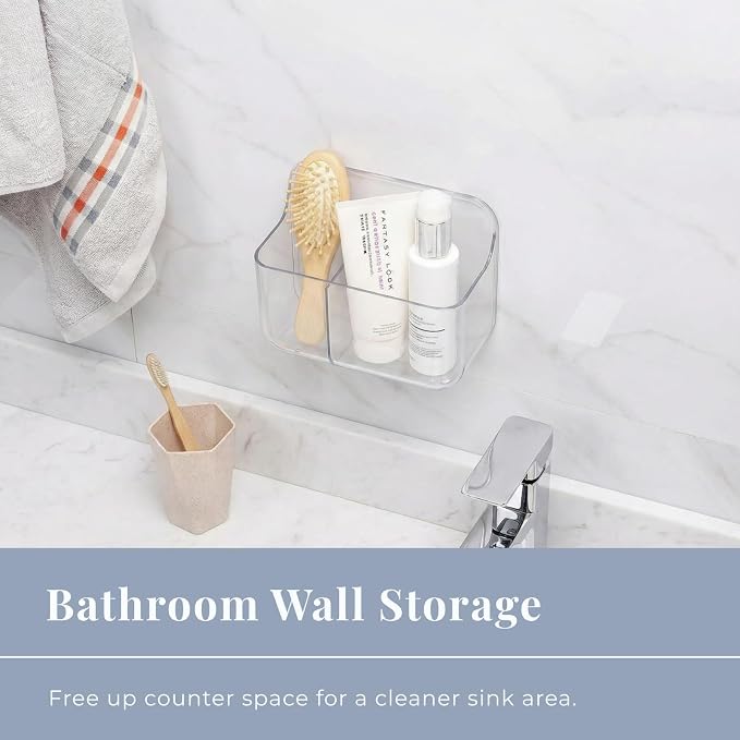 Adhesive Wall Organizer Bin, 2 Compartments, No-Drill, Clear | BPA-Free PET, Detachable, Divided Storage for Easy Sorting and Wet and Dry Separation, Drain Holes in Both Sections