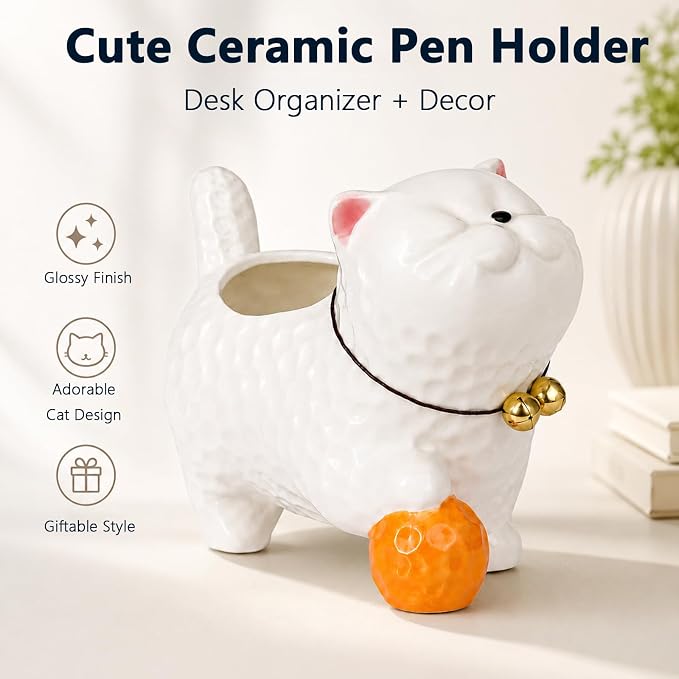 Ceramic Cat Shaped Pen Pencil Holder for Desk Decoration Accessories Cat Decor Makeup Brush Pen Cups Office School Ideal Gifts for Women, Mom or Birthdayscr