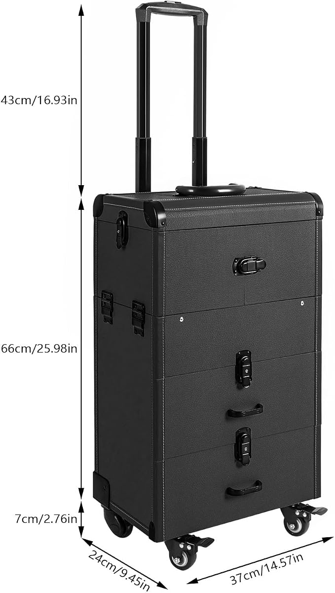 Large Rolling Makeup Case w/Mirror for Professionals,14.57 * 9.45 * 25.98in Rolling Makeup Train Case ,4 Trays & 2 Drawers,Lockable Cosmetic Organizer for Salon,Home, loading 110.23 lbs (black#2)